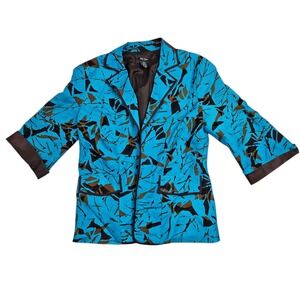 Bob Mackie Blazer Jacket Womens Size 8 Blue Linen Blen Open Front Abstract Artzy